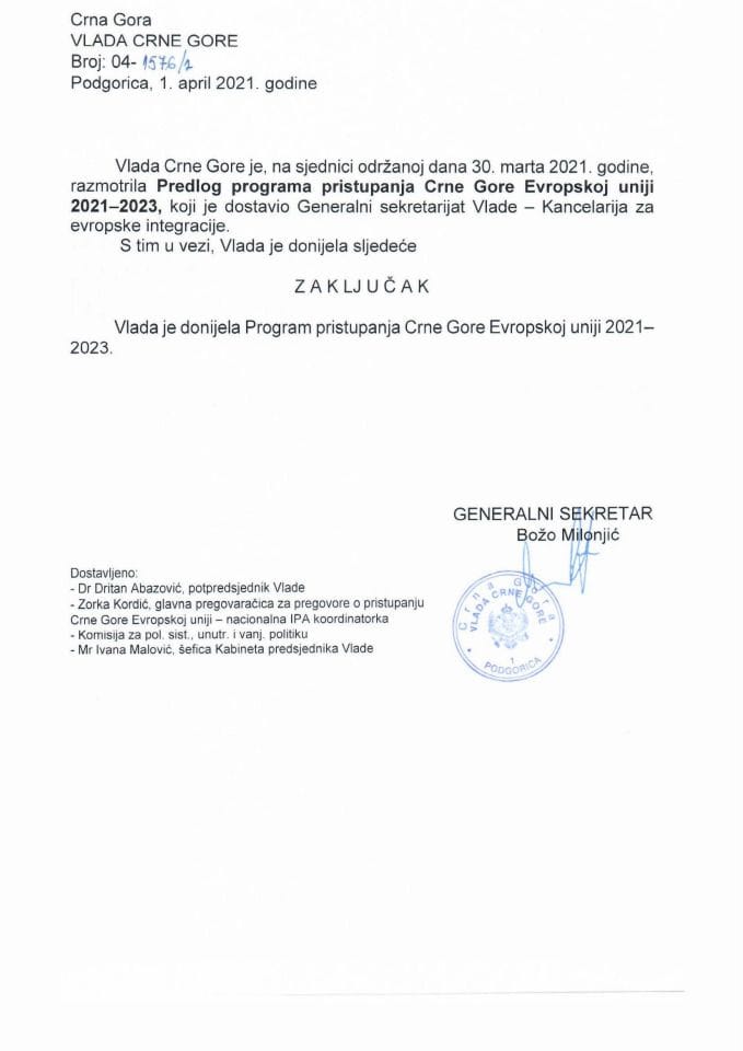 Предлог програма приступања Црне Горе Европској унији 2021 - 2023 - закључак