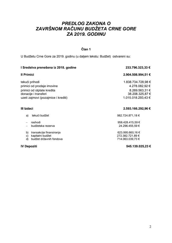 Predlog zakona o završnom računu budžeta Crne Gore za 2019. godinu