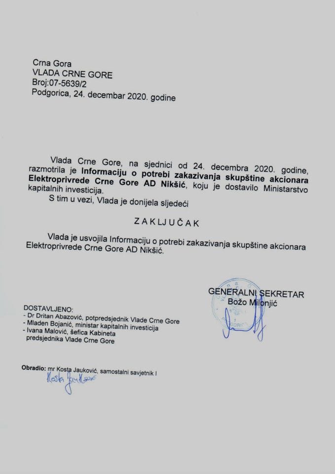 Informacija o potrebi zakazivanja skupštine akcionara Elektroprivrede Crne Gore AD Nikšić - Zaključak