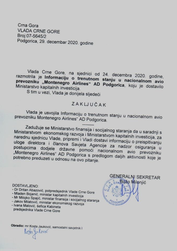 Informacija o trenutnom stanju u nacionalnom avio prevozniku "Montenegro Airlines" AD Podgorica - Zaključak