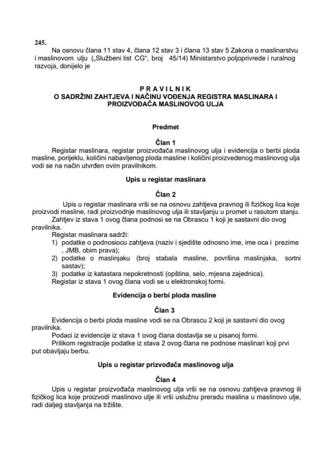 Правилник о садржини захтјева и начину вођења Регистра маслинара и произвођача маслиновог уља