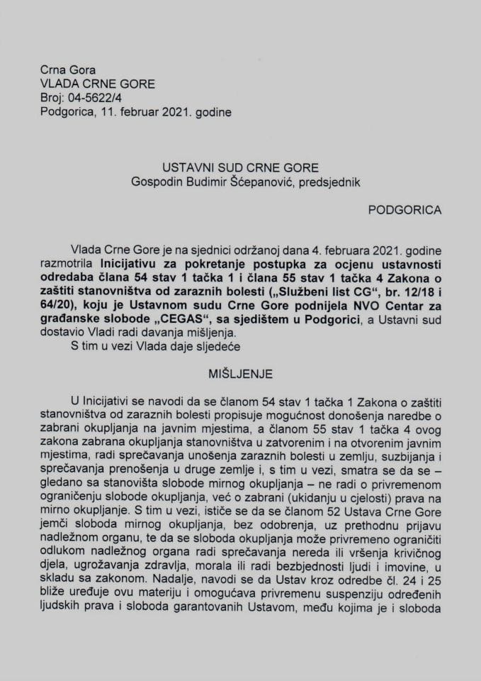 Predlog mišljenja na Inicijativu za pokretanje postupka za ocjenu ustavnosti odredaba člana 54 stav 1 tačka 1 i člana 55 stav 1 tačka 4 Zakona o zaštiti stanovništva od zaraznih bolesti  - Zaključak