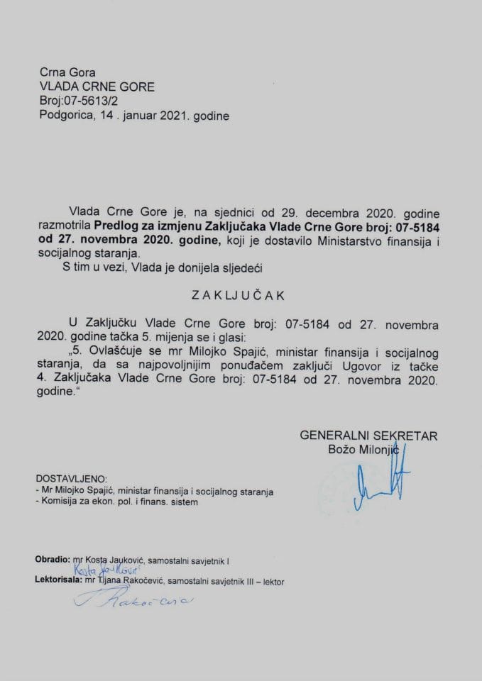 Predlog za izmjenu Zaključaka Vlade Crne Gore, broj: 07-5184, od 27. novembra 2020. godine - Zaključak