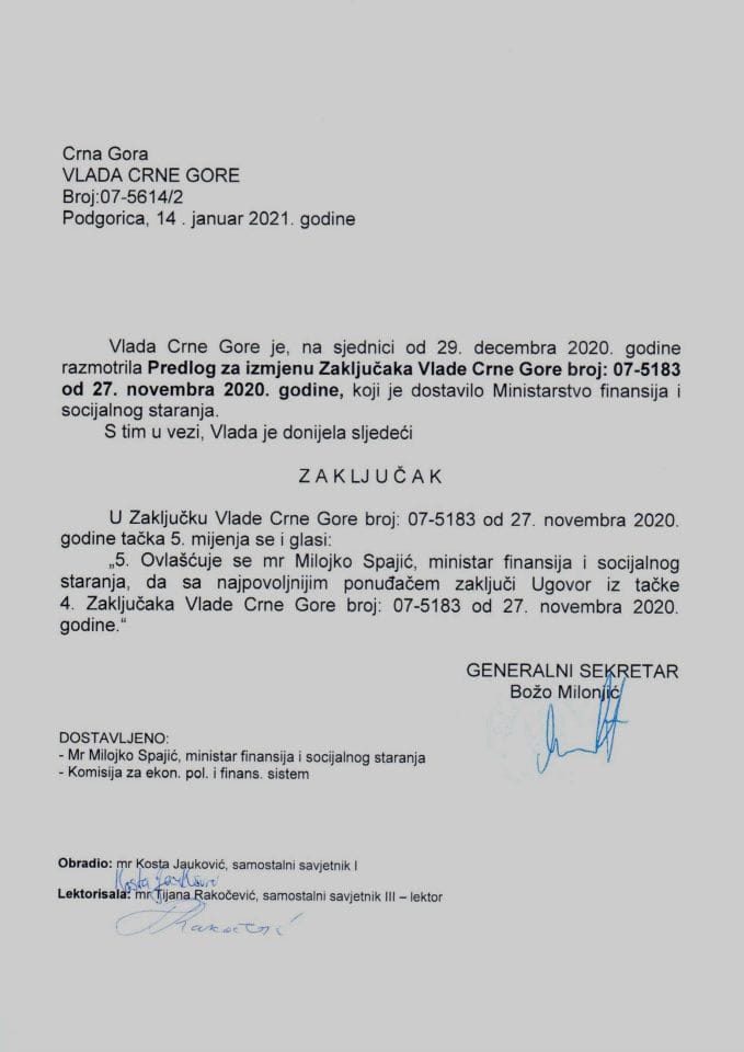 Predlog za izmjenu Zaključaka Vlade Crne Gore, broj: 07-5183, od 27. novembra 2020. godine - Zaključak