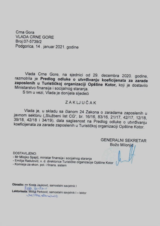 Predlog odluke o utvrđivanju koeficijenata za zarade zaposlenih u Turističkoj organizaciji Opštine Kotor - Zaključak
