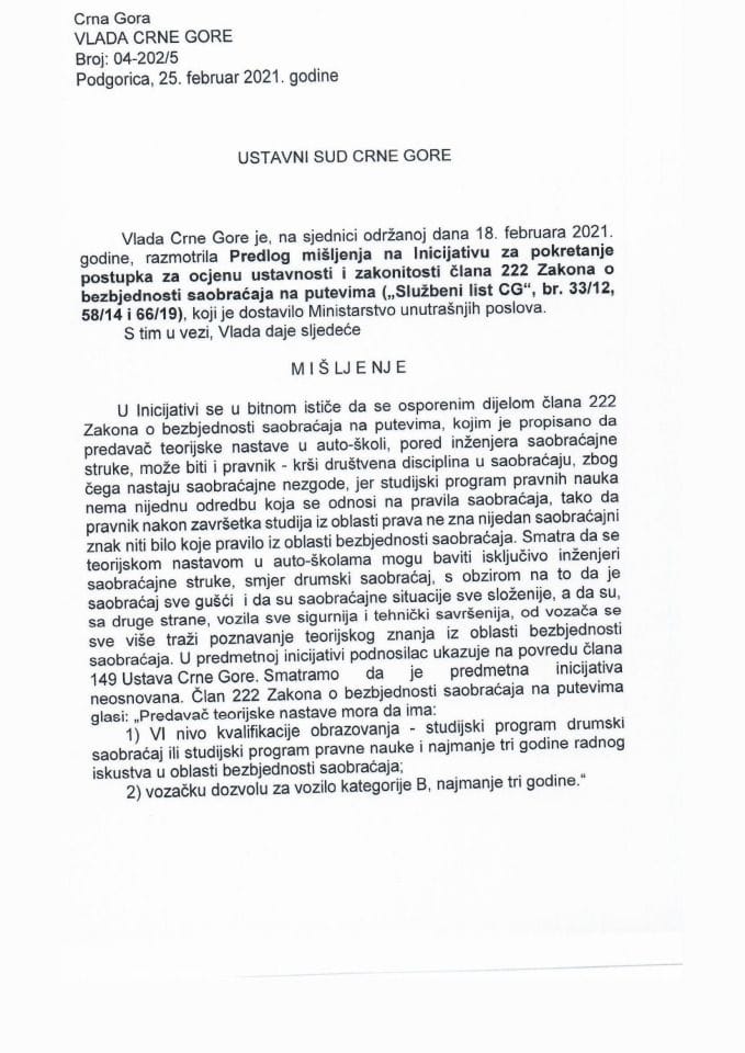 Predlog mišljenja na Inicijativu za pokretanje postupka za ocjenu ustavnosti i zakonitosti člana 222 Zakona o bezbjednosti saobraćaja na putevima („Službeni list CG“, broj 33/12, 58/14, 14/17 - Zaključak