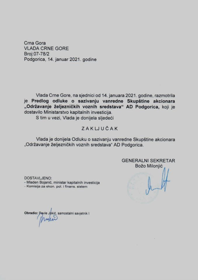 Predlog odluke o sazivanju vanredne Skupštine akcionara „Održavanje željezničkih voznih sredstava“ AD Podgorica - Zaključak