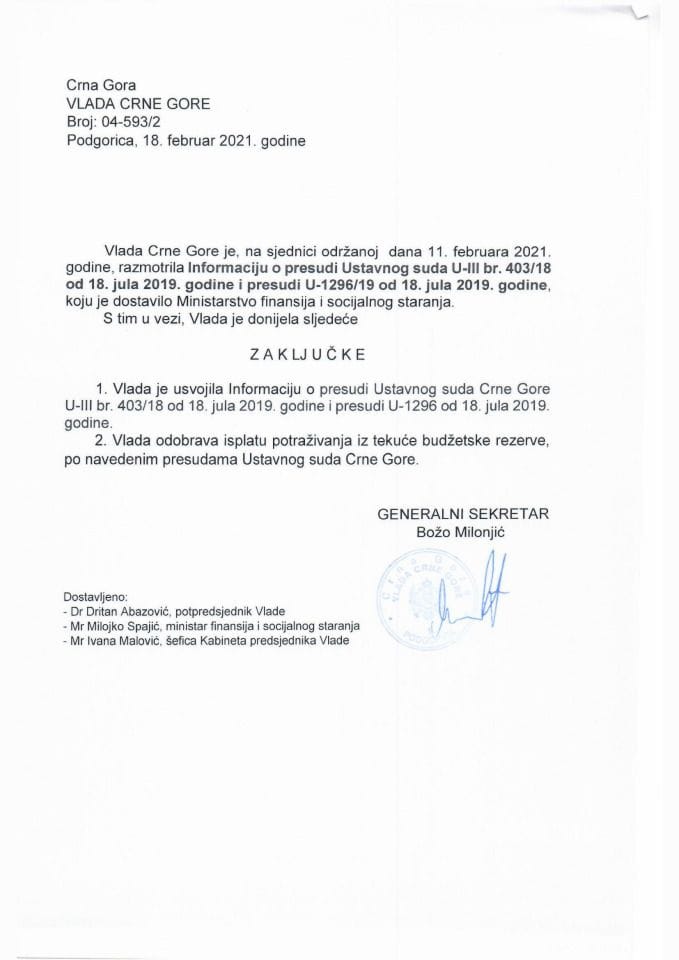 Informacija o presudi Ustavnog suda U-III br. 403/18 od 18. jula 2019. godine i presudi U-1296/19 od 18. jula 2019. godine - Zaključak