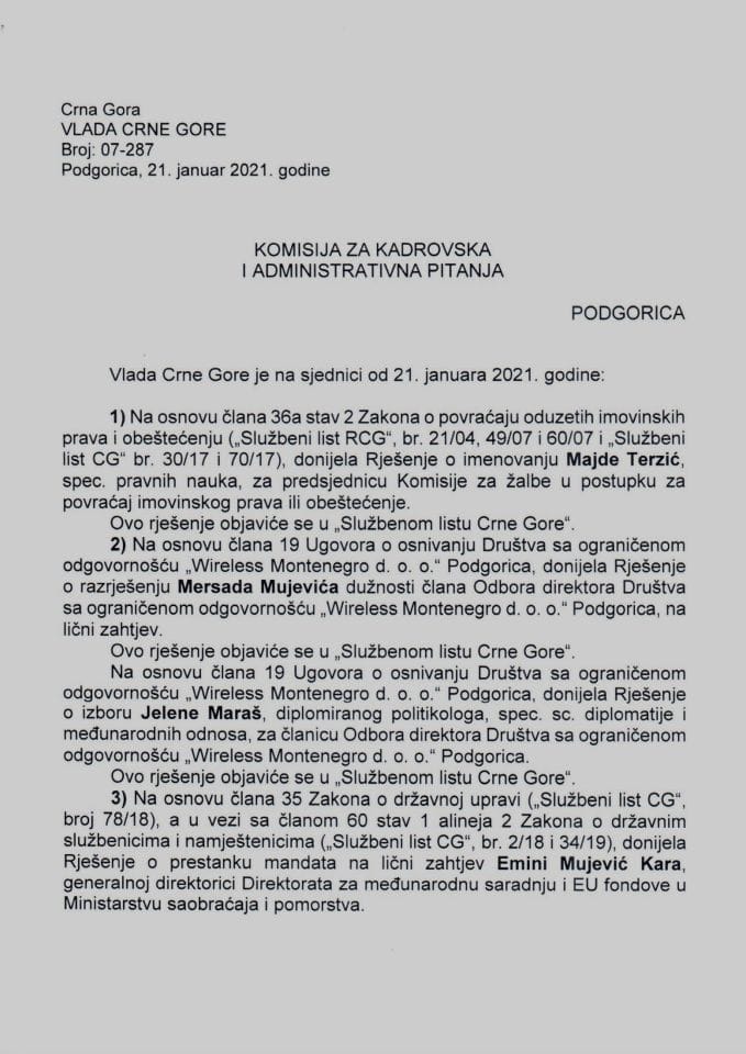 Kadrovska pitanja sa 7. sjednice Vlade Crne Gore - zaključci
