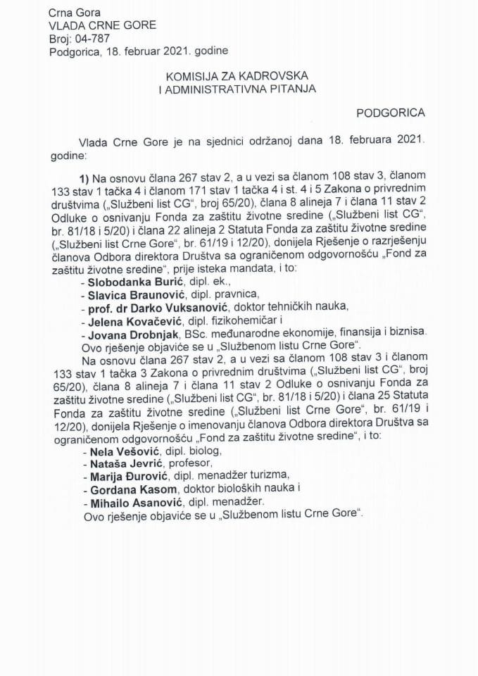 Kadrovska pitanja sa 11. sjednice Vlade Crne Gore - zaključci