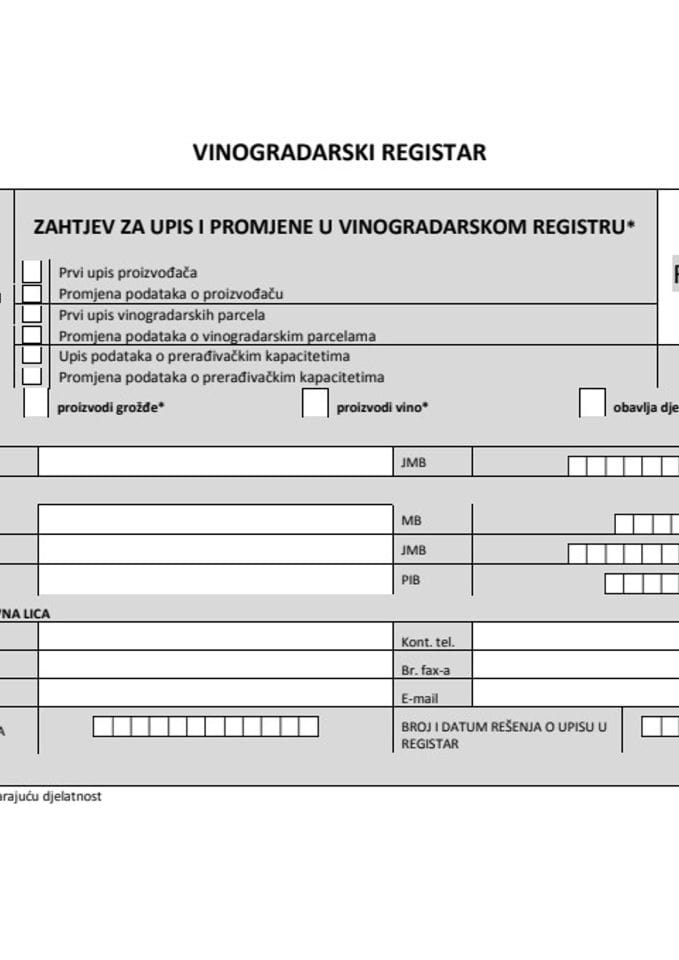 Obrazac 1 Zahtjev za upis u vinogrski registar