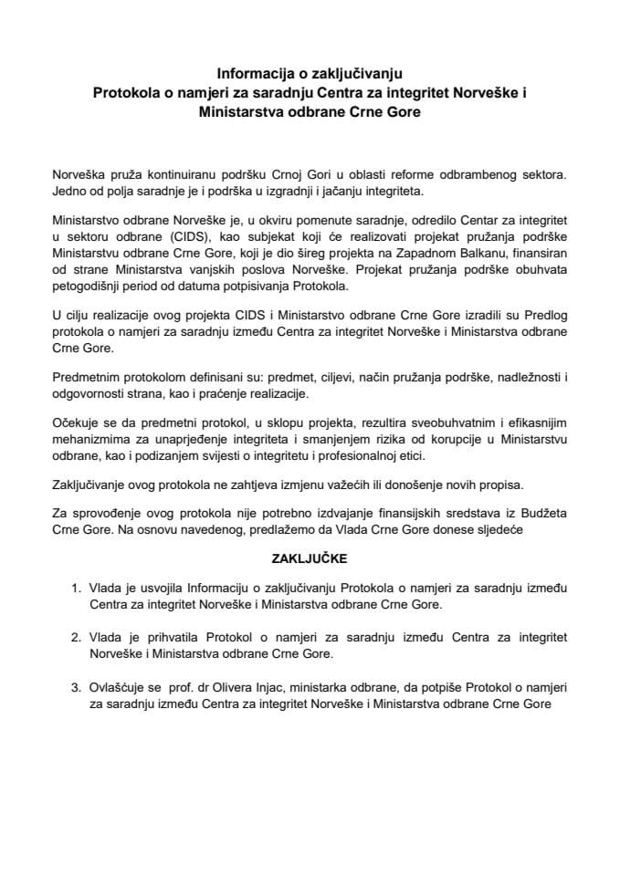 Информација о закључивању Протокола о намјери за сарадњу између Центра за интегритет Норвешке и Министарства одбране Црне Горе с Предлогом протокола