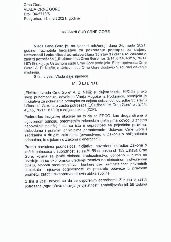 Predlog mišljenja na Inicijativu za pokretanje postupka za ocjenu ustavnosti i zakonitosti odredaba člana 35 stav 3 i člana 41 Zakona o zaštiti potrošača - Zaključak