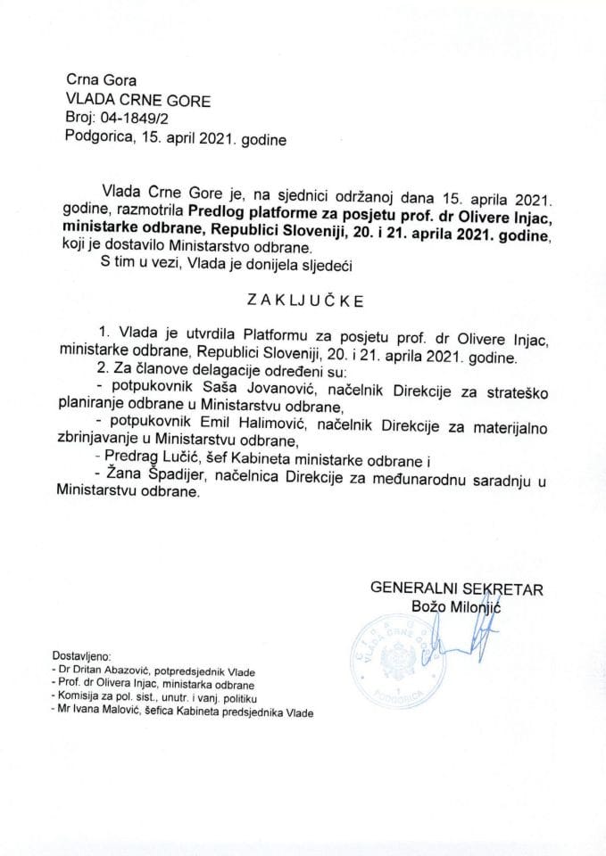 Предлог платформе за посјету проф. др Оливере Ињац, министарке одбране, Републици Словенији, 20. и 21. априла 2021. године - Закључак