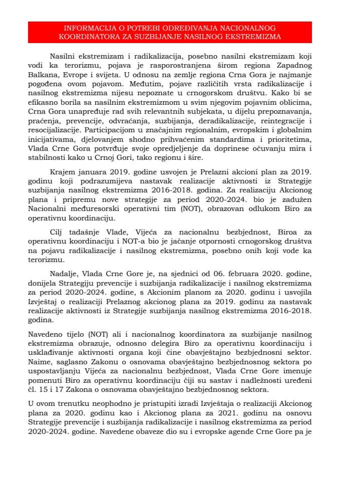 Информација о потреби одређивања националног координатора за сузбијање насилног екстремизма