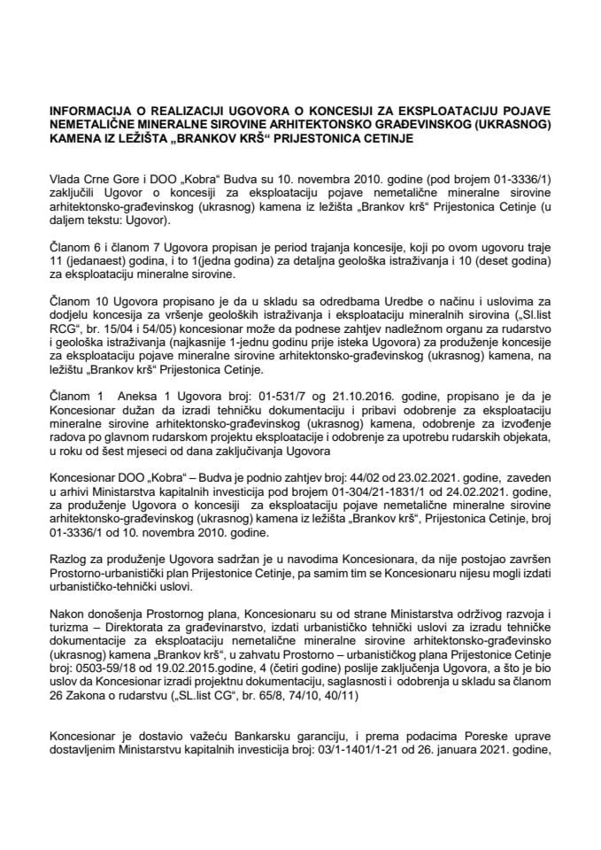 Informacija o realizaciji Ugovora o koncesiji za eksploataciju pojave nemetalične mineralne sirovine arhitektonsko-građevinskog (ukrasnog) kamena iz ležišta „Brankov krš“ Prijestonica Cetinje