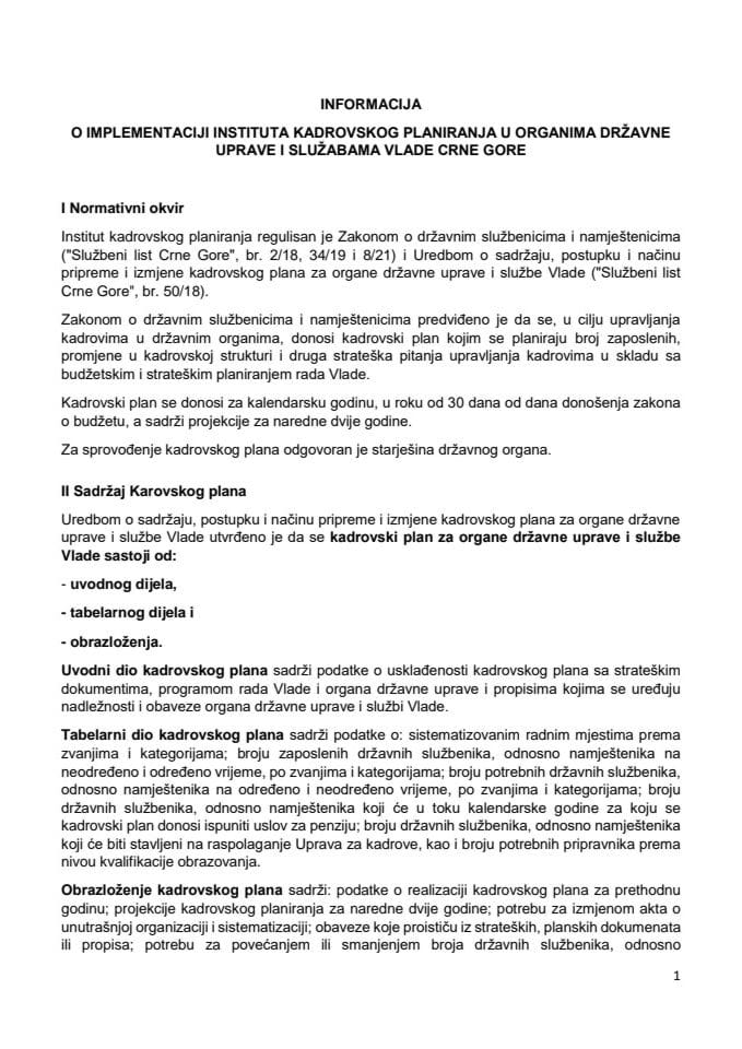 Информација о имплементацији института кадровског планирања у органима државне управе и службама Владе Црне Горе