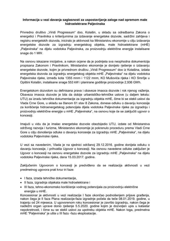 Informacija u vezi davanja saglasnosti za uspostavljanje zaloge nad opremom male hidroelektrane Paljevinska