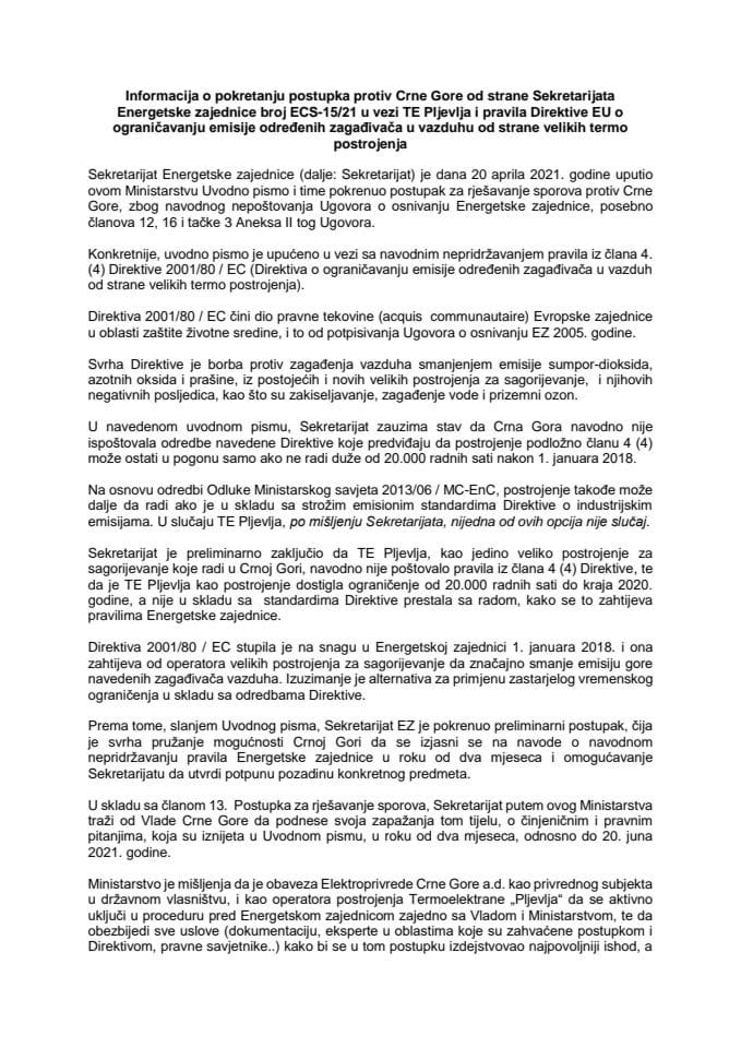 Informacija o pokretanju postupka protiv Crne Gore od strane Sekretarijata Energetske zajednice broj ECS-15/21 u vezi TE Pljevlja i pravila Direktive EU o ograničavanju emisije određenih zaga