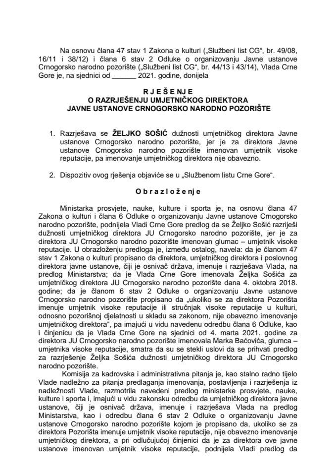 Predlog za razrješenje umjetničkog direktora Javne ustanove Crnogorsko narodno pozorište