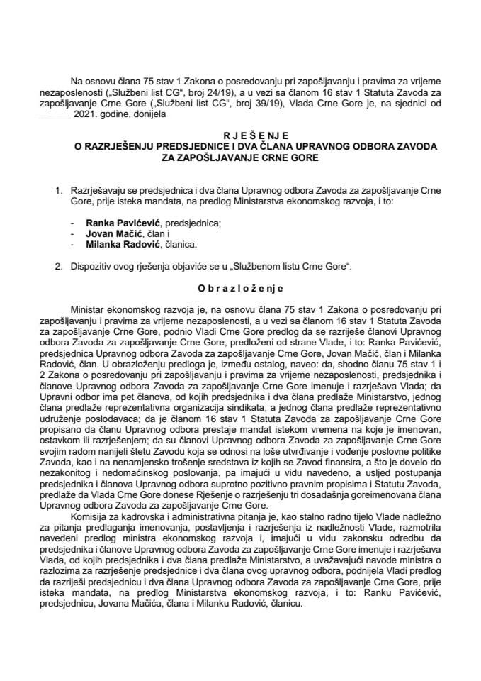 Predlog za razrješenje i imenovanje predsjednice i dva člana Upravnog odbora Zavoda za zapošljavanje Crne Gore