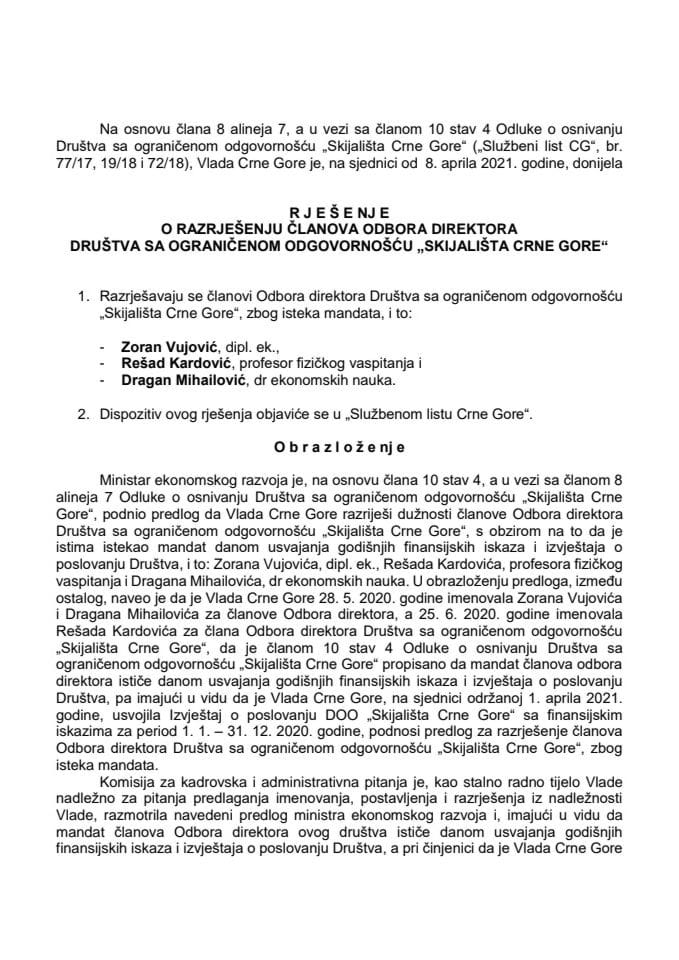 Предлог за разрјешење и именовање чланова Одбора директора Друштва са ограниченом одговорношћу "Скијалишта Црне Горе"