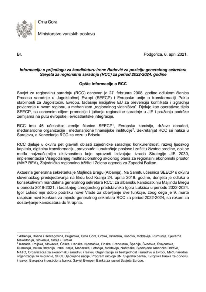 Informacija o predlogu za kandidaturu Irene Radović za poziciju generalnog sekretara Savjeta za regionalnu saradnju (RCC) za period 2022-2024. godine