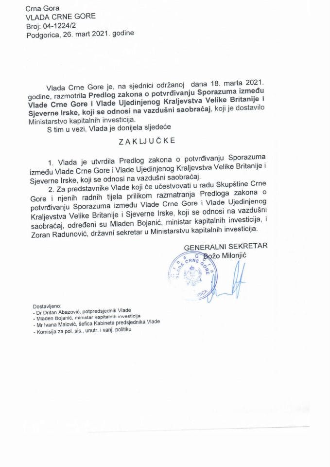 Предлог закона о потврђивању Споразума између Владе Црне Горе и Владе Уједињеног Краљевства Велике Британије и Сјеверне Ирске који се односи на ваздушни саобраћај - Закључак