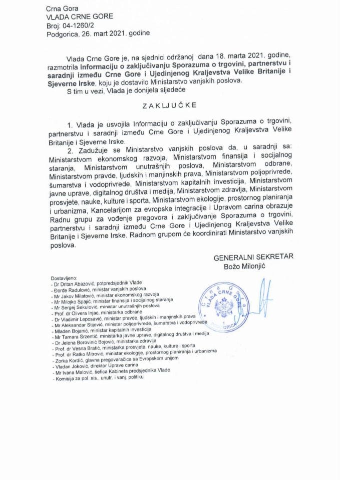 Информација о закључивању Споразума о трговини, партнерству и сарадњи између Црне Горе и Уједињеног Краљевства Велике Британије и Сјеверне Ирске - Закључак