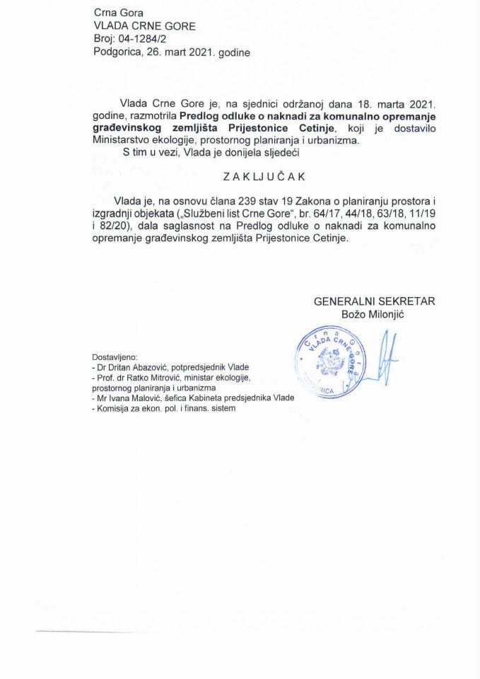Predlog odluke o naknadi za komunalno opremanje građevinskog zemljišta Prijestonice Cetinje (bez rasprave) - Zaključak