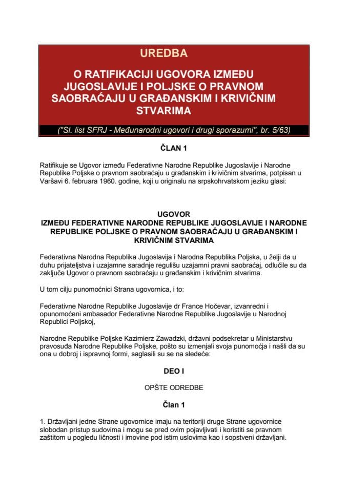 Ugovor između FNR Jugoslavije i NR Poljske o pravnom saobraćaju u građanskim i krivičnim stvarima