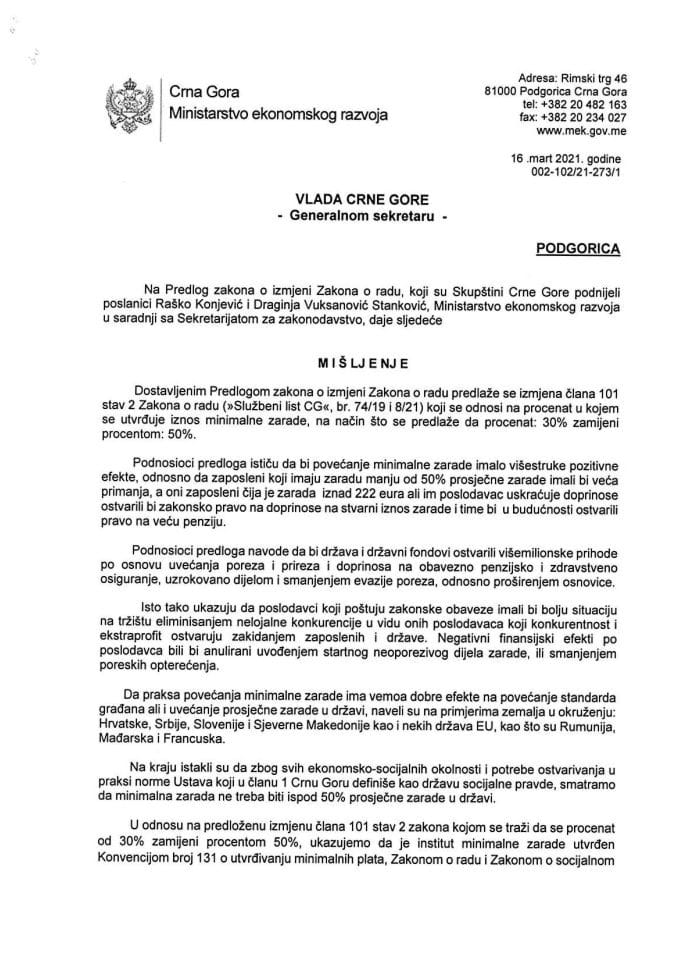 Predlog mišljenja na Predlog zakona o izmjeni Zakona o radu (predlagači poslanici Raško Konjević i Draginja Vuksanović Stanković)