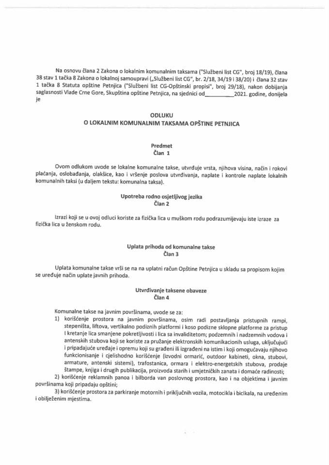 Predlog odluke o lokalnim komunalnim taksama Opštine Petnjica