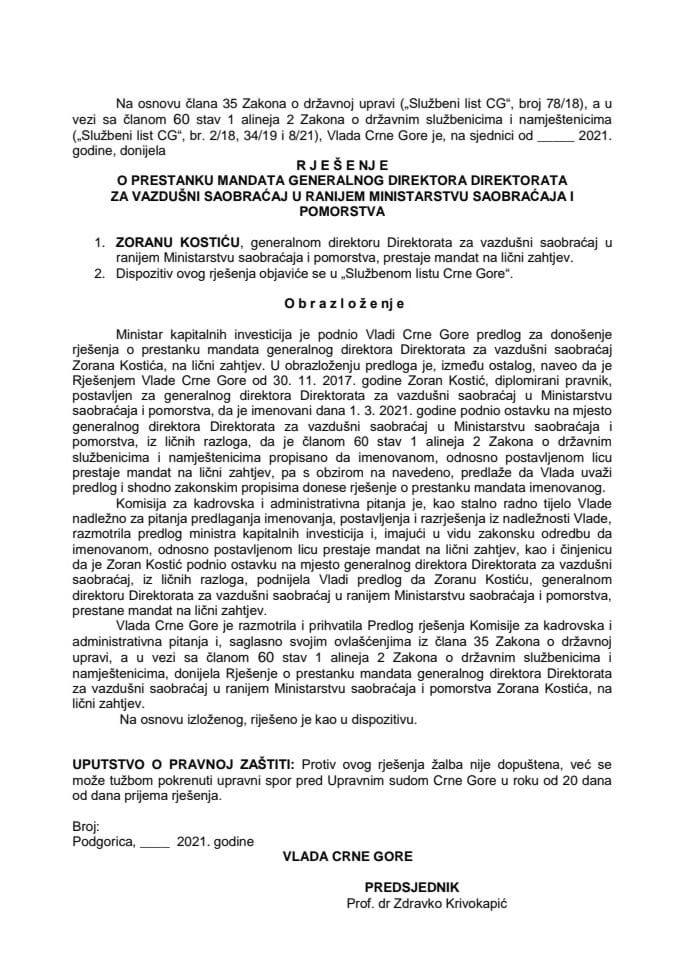 Predlog za prestanak mandata generalnog direktora Direktorata za vazdušni saobraćaj u ranijem Ministarstvu saobraćaja i pomorstva