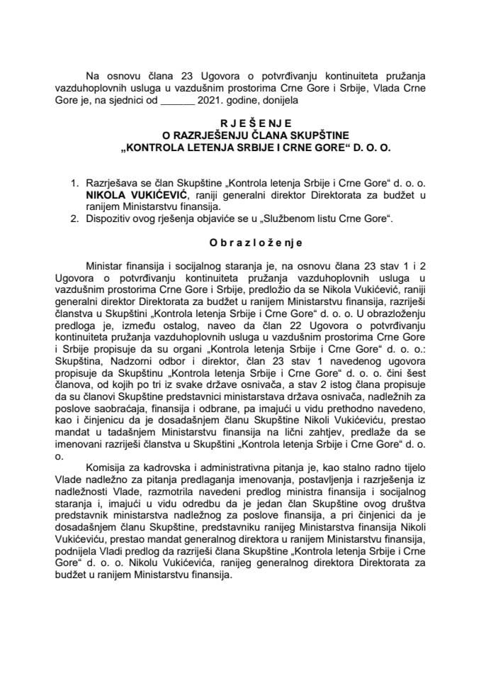 Predlog za razrješenje i imenovanje člana Skupštine "Kontrola letenja Srbije i Crne Gore" d.o.o.