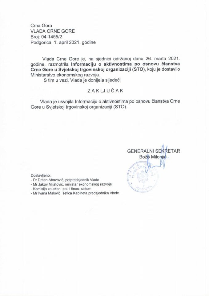 Informacija o aktivnostima po osnovu članstva Crne Gore u Svjetskoj trgovinskoj organizaciji (STO) - Zaključak
