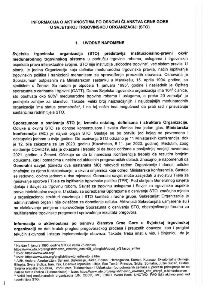 Informacija o aktivnostima po osnovu članstva Crne Gore u Svjetskoj trgovinskoj organizaciji (STO)