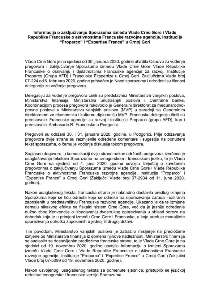 Informacija o zaključivanju Sporazuma između Vlade Crne Gore i Vlade Republike Francuske o aktivnostima Francuske razvojne agencije, Institucije „Proparco“ i „Expertise France“ u Crnoj Gori s