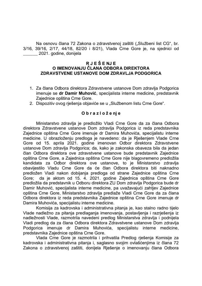 Predlog za imenovanje člana Odbora direktora ZU Dom zdravlja Podgorica