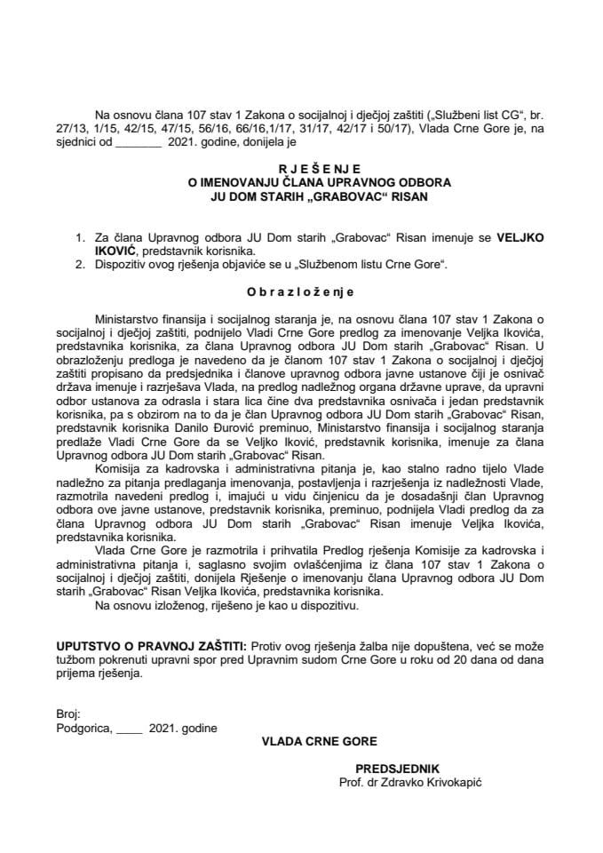 Predlog za imenovanje člana Upravnog odbora Javne ustanove Dom starih „Grabovac“ Risan