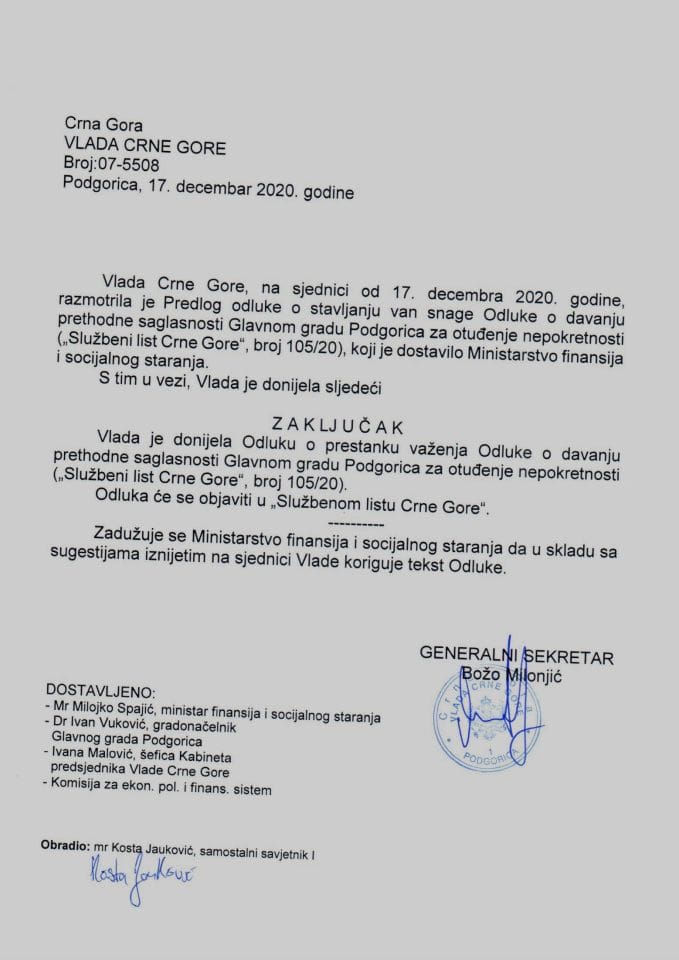 Predlog odluke o prestanku važenja Odluke o davanju prethodne saglasnosti Glavnom gradu Podgorica za otuđenje nepokretnosti ("Službeni list Crne Gore", broj 105/20) - Zaključak