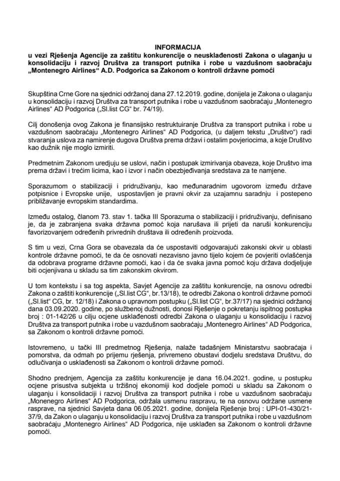 Informacija u vezi Rješenja Agencije za zaštitu konkurencije o neusklađenosti Zakona o ulaganju u konsolidaciju i razvoj Društva za transport putnika i robe u vazdušnom saobraćaju „Montenegro