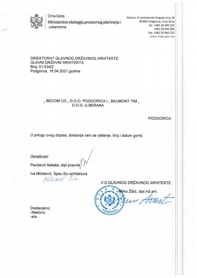 Rješenje glavnog državnog arhitekte - 01-534/2 - BEKOM CO d.o.o. i BAUMONT TIM d.o.o. - Podgorica