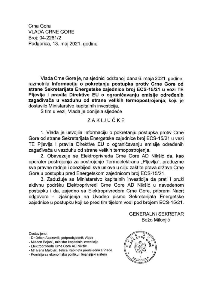 Informacija o pokretanju postupka protiv Crne Gore od strane Sekretarijata Energetske zajednice broj ECS-15/21 u vezi TE Pljevlja i pravila Direktive EU o ograničavanju emisije određenih zagađivača  u vazduhu - Zaključak