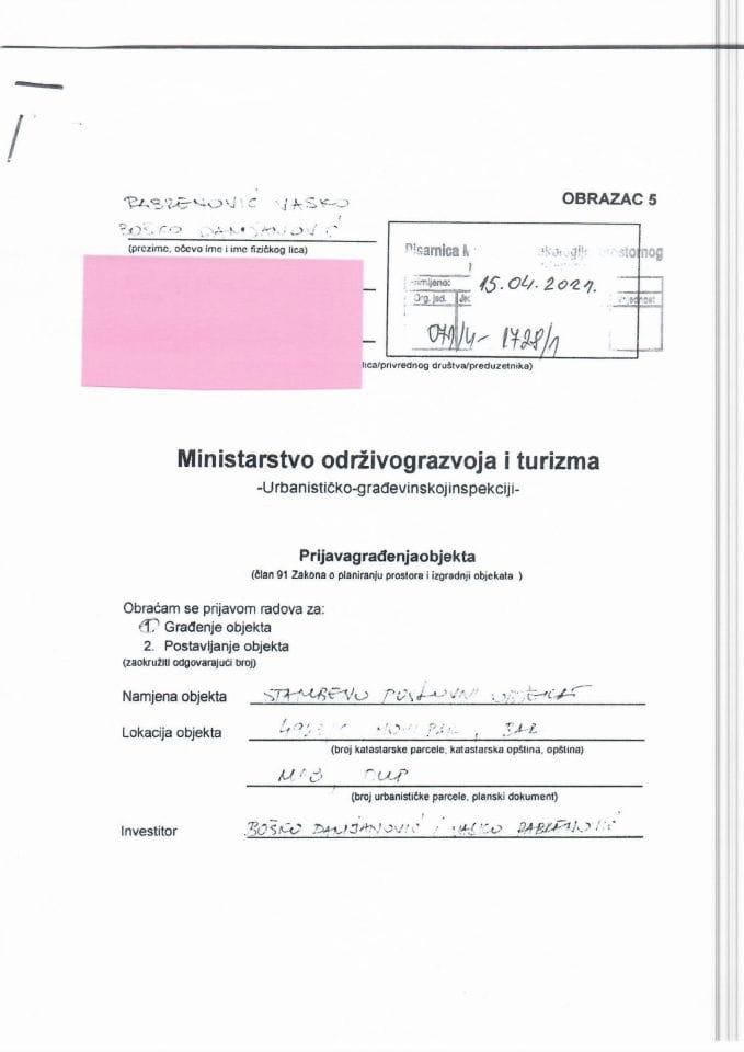 Prijava građenja objekta -071-4-1728-1 Boško Damjanović i Vasko Rabrenović 15-04-2021
