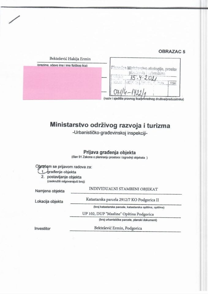 Prijava građenja objekta - 071-4-1722-1 Bektešević Ermin