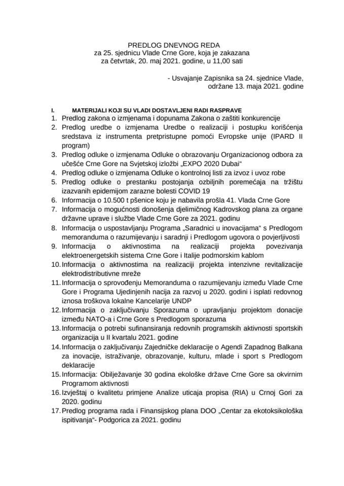 Predlog dnevnog reda za 25. sjednicu Vlade Crne Gore