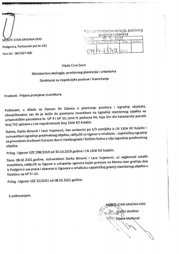 Prijava za promjenu investitora - 071-4-4334-2 MONTE STAN GRADNJA DOO