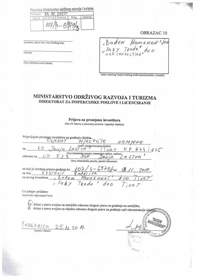 Prijava za promjenu investitora - 107-4-6979-3 BADEM MANAGMENT DOO TIVAT