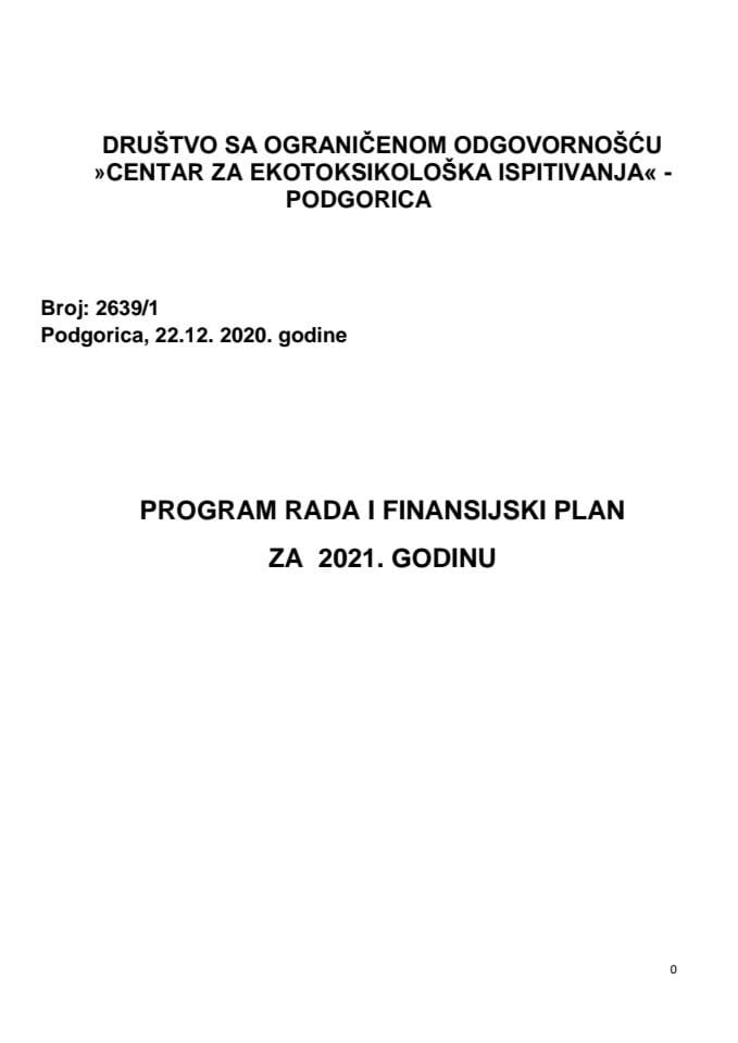 Predlog programa rada i Finansijskog plana DOO „Centar za ekotoksikološka ispitivanja“- Podgorica za 2021. godinu